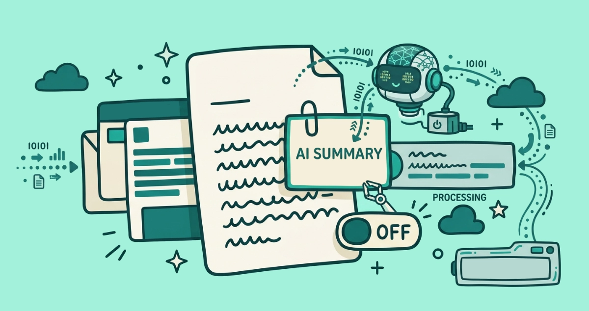Flat vector illustration of a cream email letter overlaid by a shorter summary card read by a small AI chip, flanked by a summarized thread stack, an inbox preview line being rewritten, and a toggle switch flipped off.