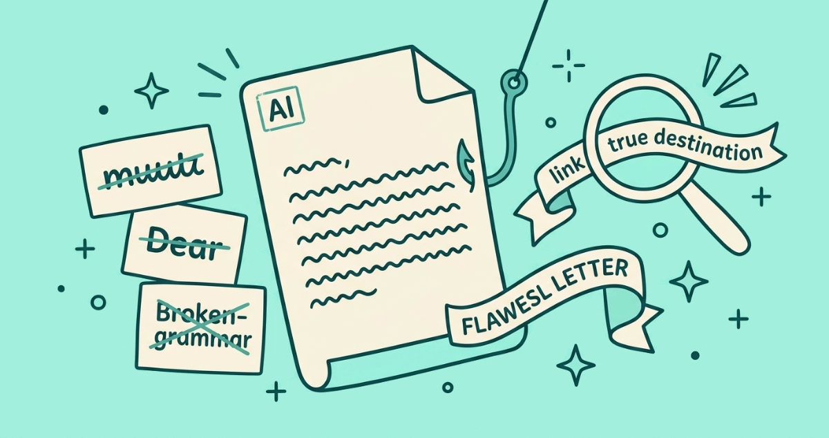 Flat vector illustration of a flawless cream email pierced by a fishhook, beside three small cards crossing out a typo, a generic greeting, and bad grammar, and a magnifying glass over a link.