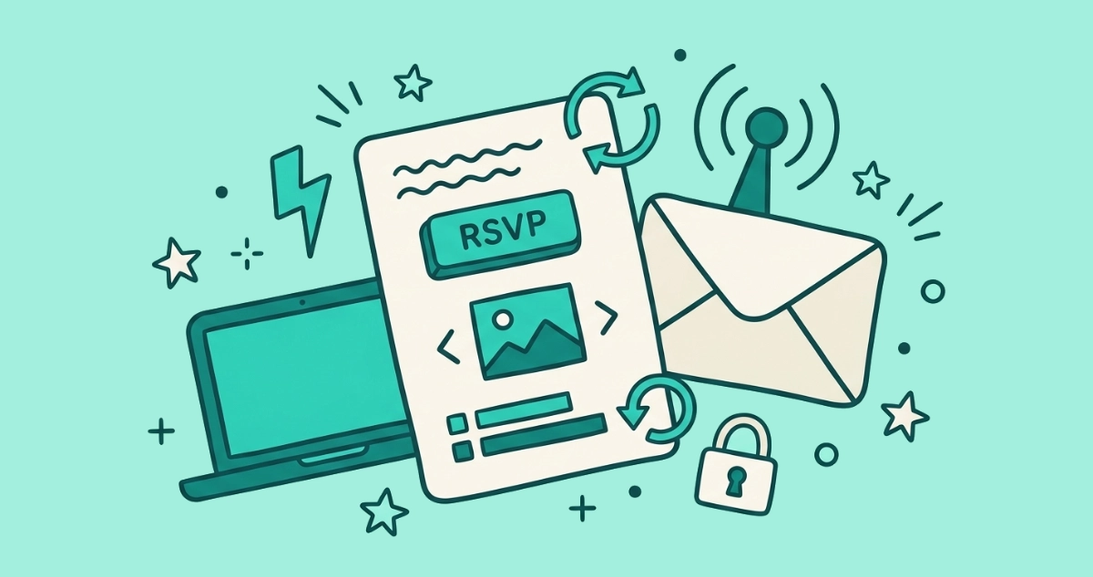 Flat vector illustration of a cream email card with a pressed teal button and a small carousel, beside an RSVP toggle, a lightning bolt, and a refresh arrow.