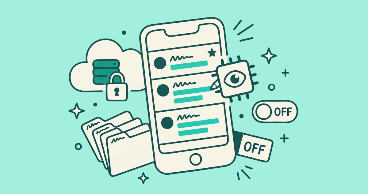 Flat vector illustration of a cream phone with a pinned Priority email and summarized preview lines, an AI chip, a padlocked cloud server, and four category folders.