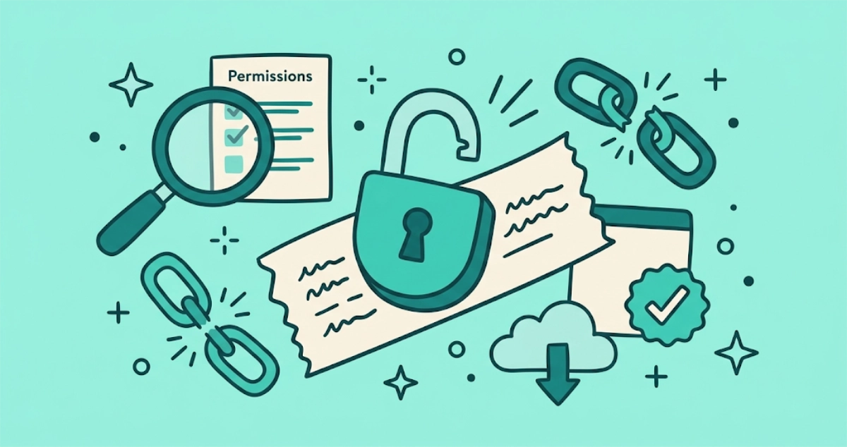 Flat vector illustration of an open padlock resting on a torn cream email strip, ringed by a magnifying glass over a permissions checklist, a broken chain link, a cloud with a downward arrow, and a small verification badge.