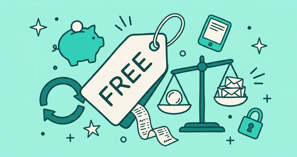 Flat vector illustration of a large cream price tag stamped FREE trailing a line of tiny paper receipts, beside a balance scale weighing one coin against a stack of small envelopes, with a piggy bank, a subscription-loop arrow, and a padlock.