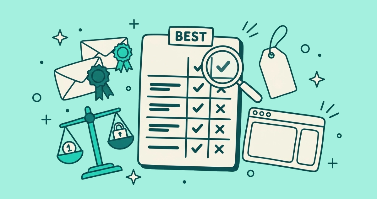 Flat vector illustration of a cream comparison scorecard labeled BEST under a magnifying glass, surrounded by small envelopes wearing award ribbons, a balance scale, a price tag, and a browser window.