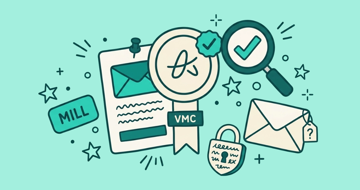 Flat vector illustration of a round brand badge with a verified check-tick pinned to a cream email card, propped up by a certificate seal labeled VMC and a padlock shield, beside a plain badgeless envelope with a question-mark tag.