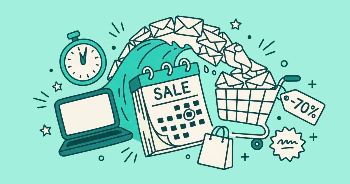 Flat vector illustration of a calendar page marked SALE under a cresting wave of envelopes, beside an overflowing shopping cart, a price tag, and a countdown timer.