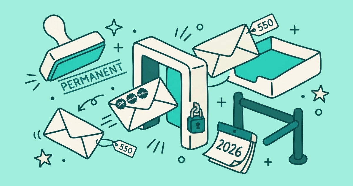 Flat vector illustration of a rubber stamp marking PERMANENT on a bolted email gate, one stamped envelope passing through and a bare envelope bounced back by a 550 tag.
