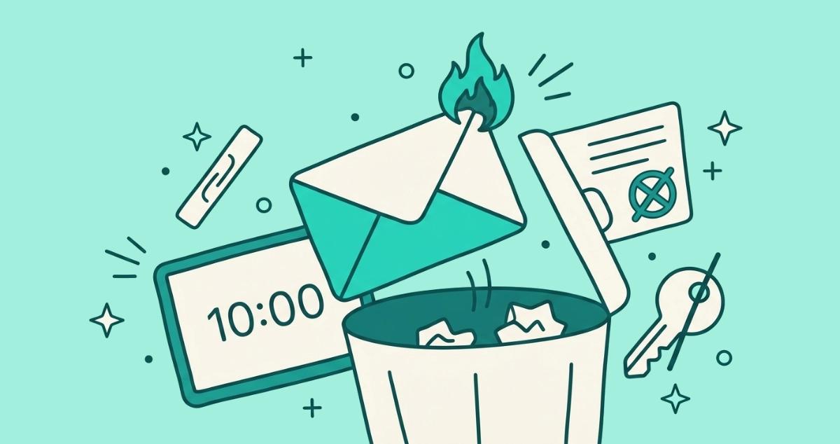 Flat vector illustration of a burning cream envelope tipping into a trash can, beside a screen reading 10:00, a blocked signup form, and a crossed-out key.