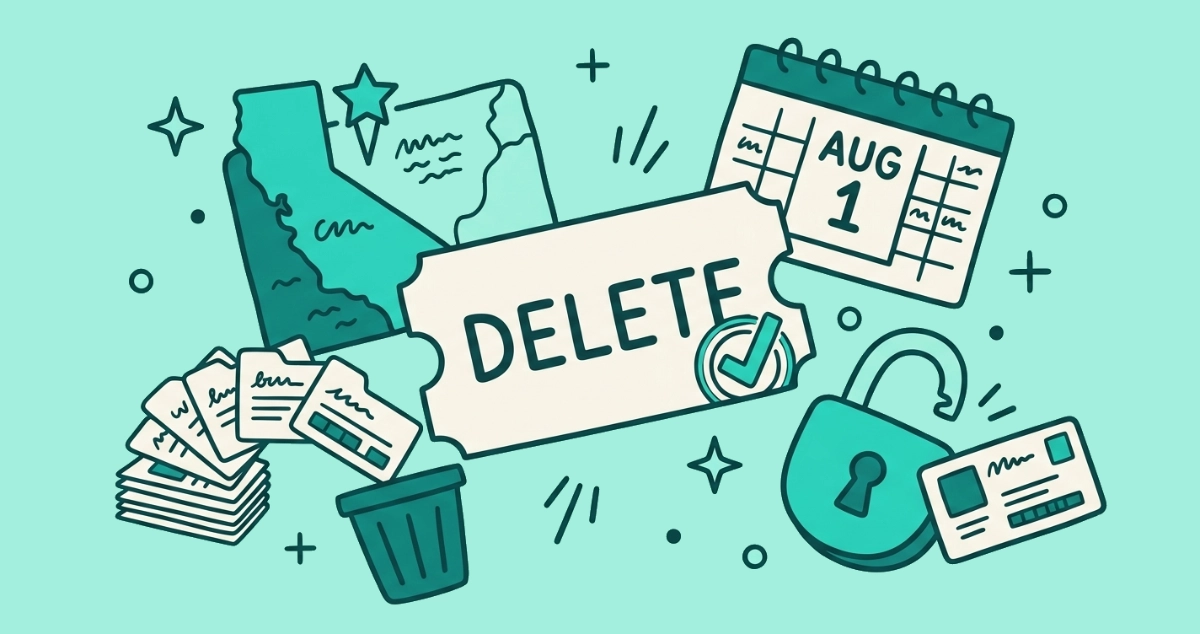 Flat vector illustration of a cream DELETE request ticket with a verification stamp, beside a star-pinned state map tile, broker cards sweeping toward a bin, and an AUG 1 calendar page.