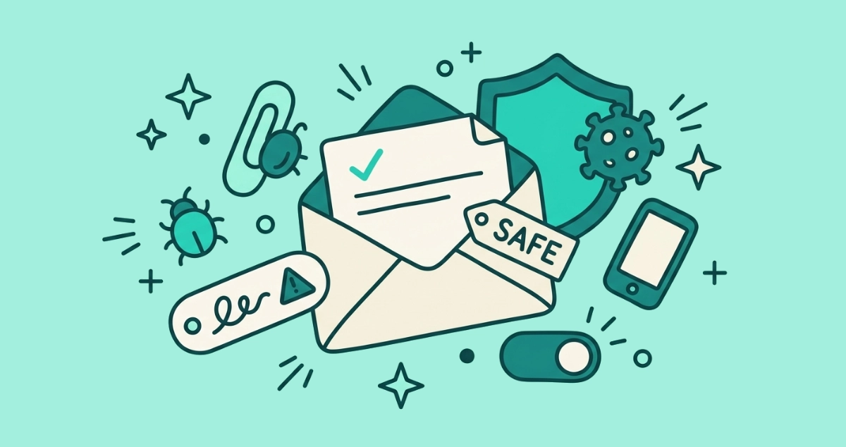Flat vector illustration of an opened cream envelope with a letter sliding out marked with a check and a SAFE tag, ringed by a paperclip holding a small bug, a link tag with a warning triangle, a macro toggle, and a shield keeping a virus blob outside the flap.