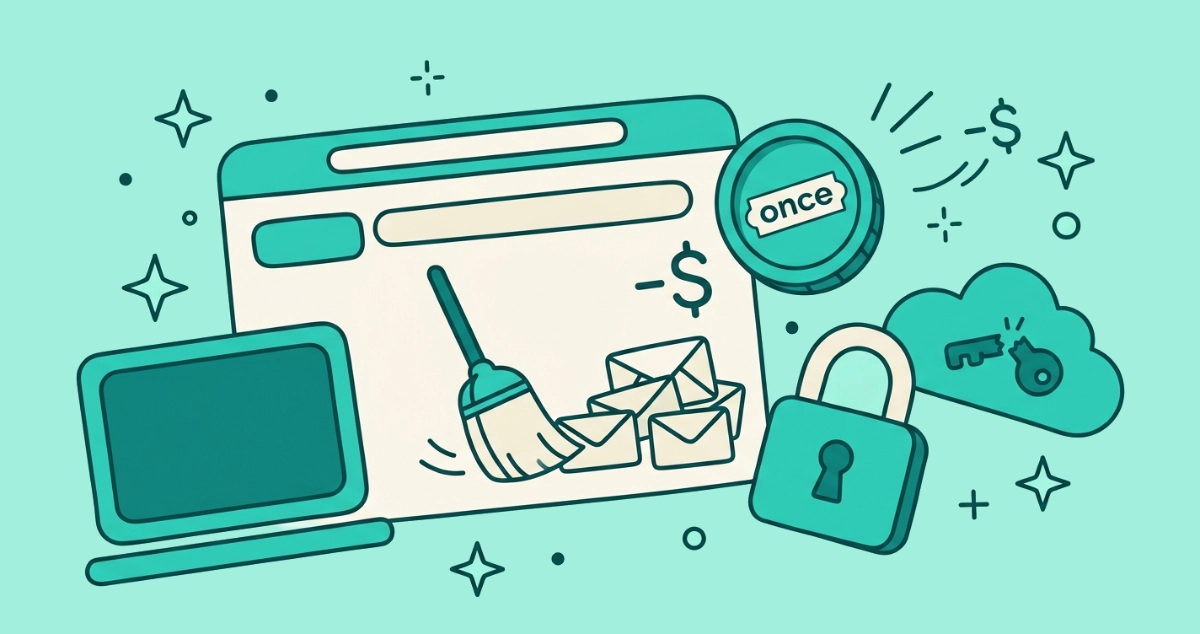 Flat teal vector illustration of a cream recurring-invoice card stamped with a cycle arrow next to a single coin labeled once, with a broom sweeping an envelope pile, a padlock, a browser window, and a row of feature sliders.