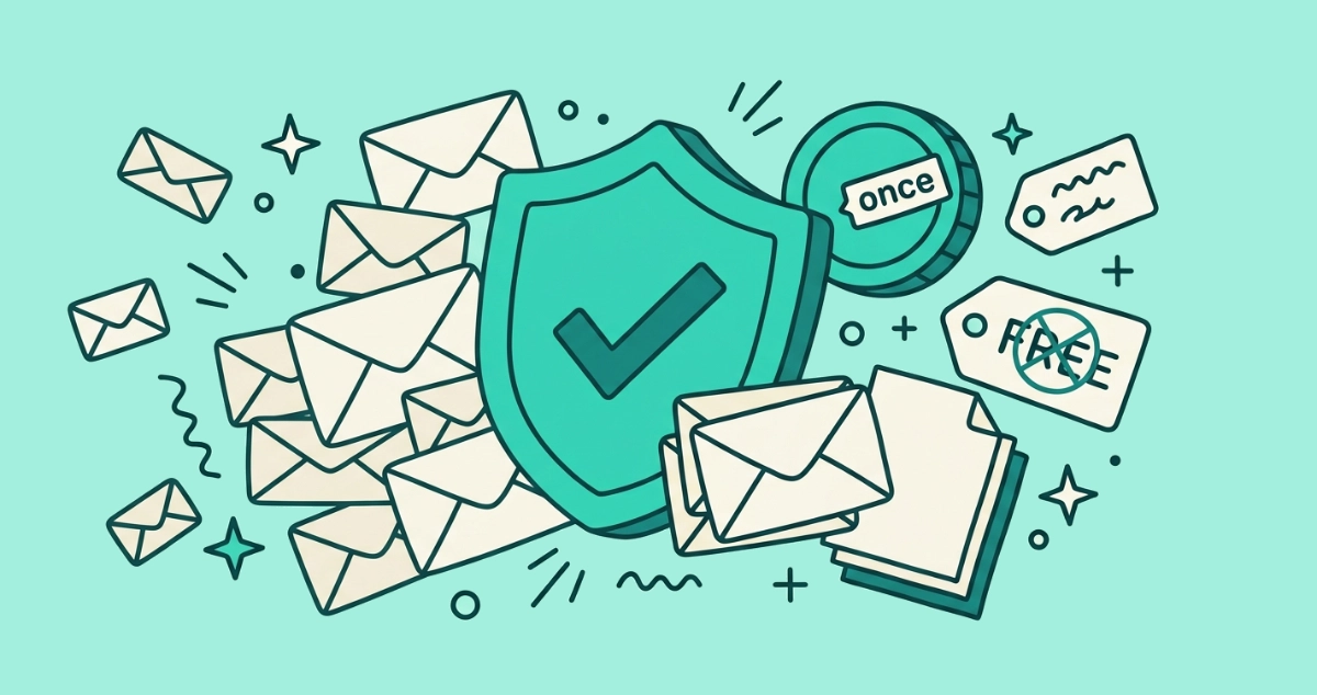 Flat teal vector illustration of a cream envelope sealed with a padlock and a shield-check badge, beside a small FREE tag roped to a tiny bar chart stamped with a dollar sign drifting away, a coin, a browser window, and a leaf.