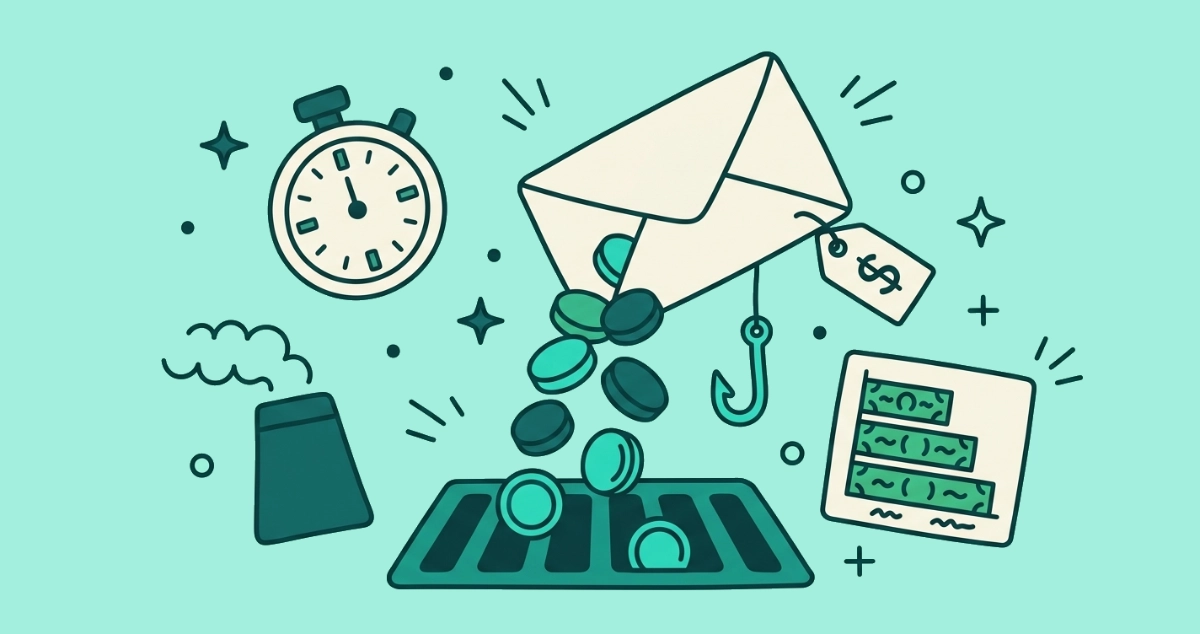 Flat vector illustration of an open envelope tipping coins into a drain, beside a dollar-sign price tag, a fishhook, a stopwatch, a smokestack, and a bar chart of stacked bills.