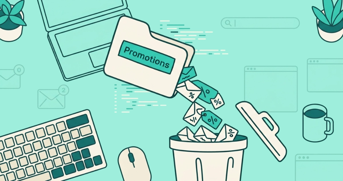 Flat vector illustration of a Promotions folder tab tipping tagged envelopes into a trash bin, beside a search bar, a select-all checkbox, a filter funnel, and a snipped loop arrow.