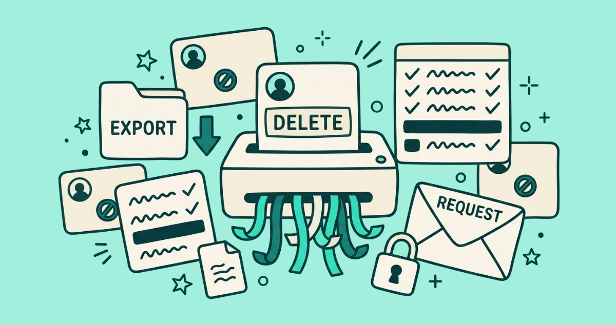Flat vector illustration of a cream account card labeled DELETE feeding into a paper shredder, surrounded by crossed-out account cards, an EXPORT folder, and a REQUEST letter.