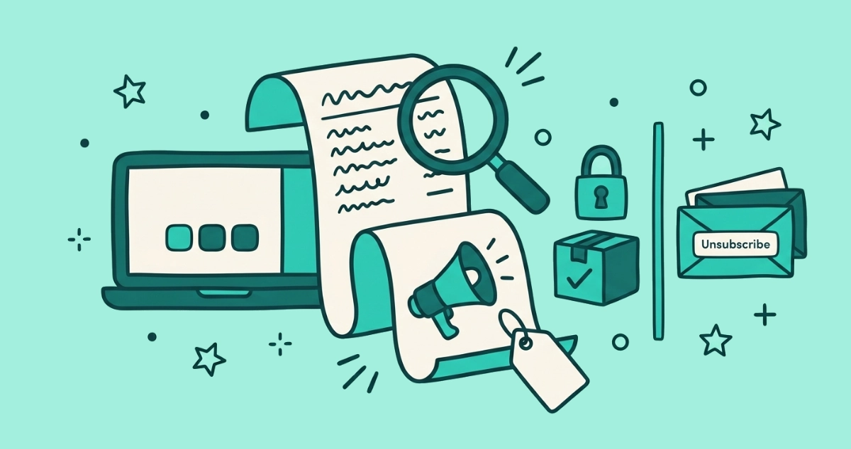 Flat vector illustration of a cream receipt whose lower half becomes a promotional megaphone and price tag, a divider sorting a padlock and shipping box from promo envelopes, and a magnifying glass over the seam.