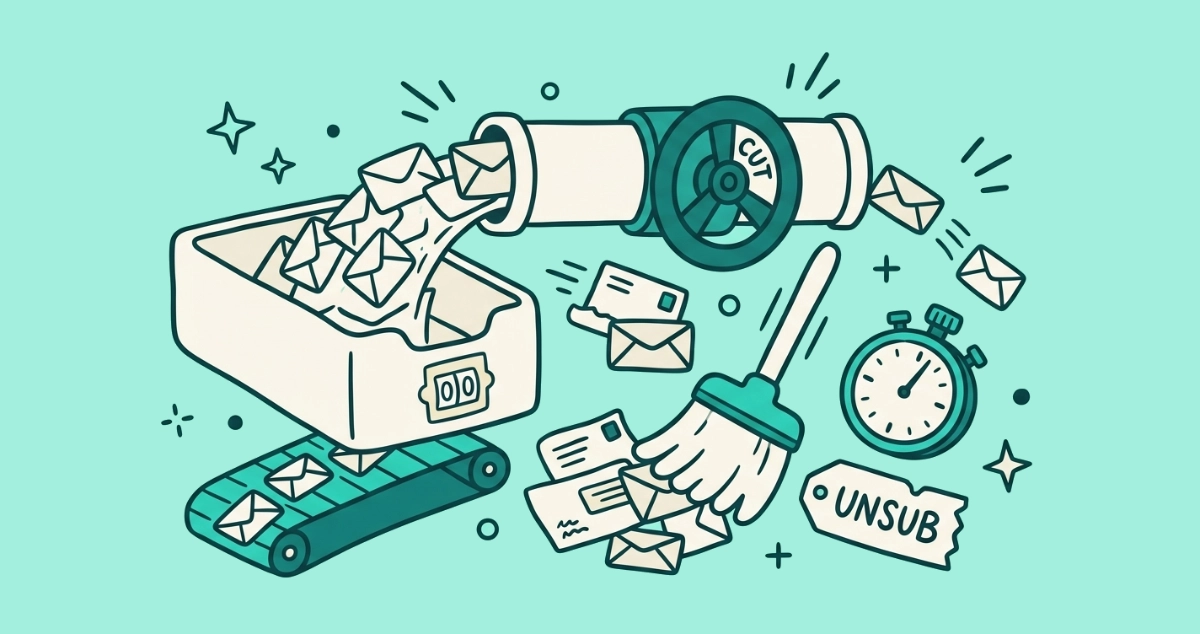 Flat vector illustration of a cream inbox tray showing a flip-counter at zero, fed by a pipe of envelopes pinched off by a teal shut-off valve, beside a treadmill of envelopes, a sweeping broom, a stopwatch, and a torn unsubscribe tag.