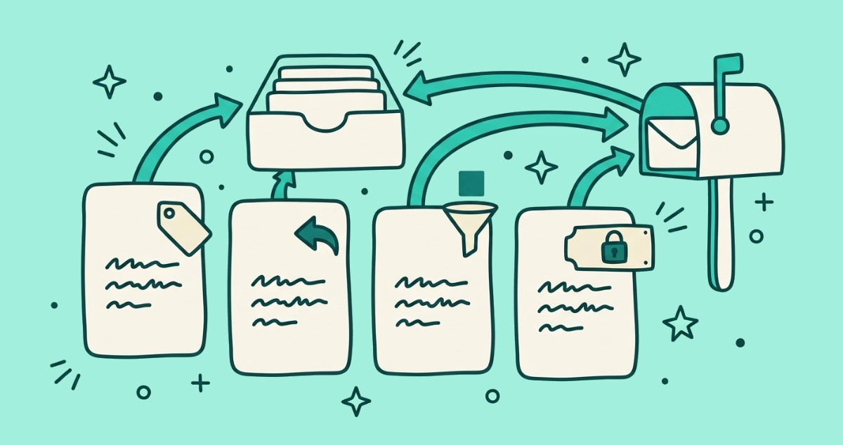 Flat vector illustration of four cream address-relay cards in a row forwarding arrows toward one shared inbox, each card tagged with a price sticker, reply arrow, tracker funnel, or padlocked domain nameplate.