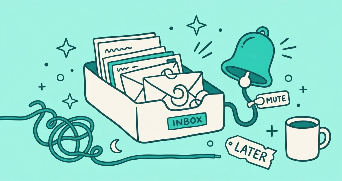 Flat vector illustration of a cream inbox tray overflowing with envelopes drawn as unclosed loops, wired to a ringing teal notification bell silenced by a MUTE toggle, beside a loosening tangled cord, a crescent moon, a coffee mug, and a tag reading LATER.