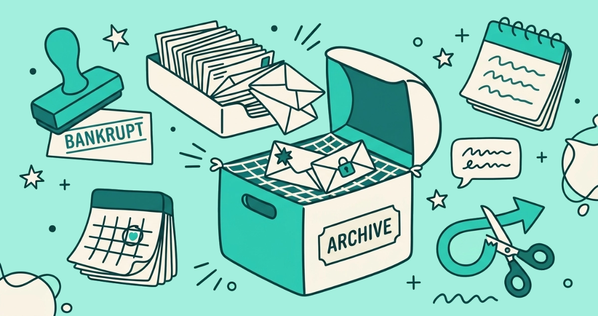 Flat vector illustration of an open cream archive box swallowing old envelopes off an overloaded inbox tray, a small net catching three important envelopes, beside a BANKRUPT rubber stamp, a cutoff calendar, and an auto-reply speech bubble.
