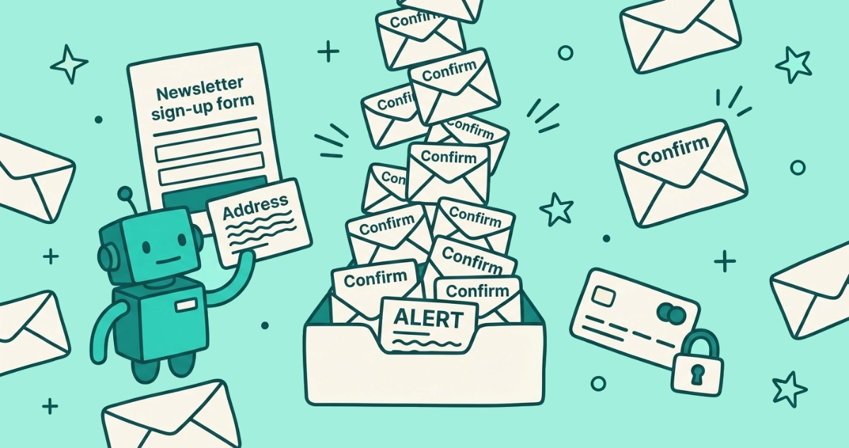 Flat vector illustration of a cream inbox overflowing with confirmation envelopes that bury one ALERT-stamped letter, next to a sign-up form and a small robot.