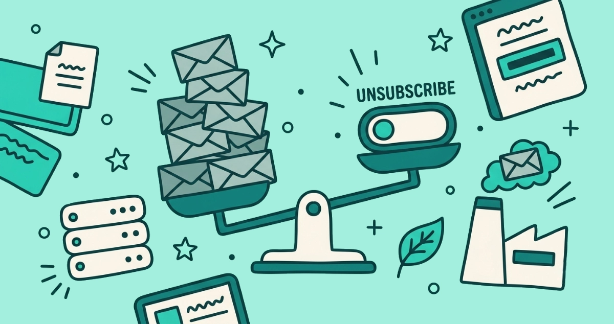 Flat vector illustration of a balance scale tipping a single unsubscribe toggle over a tall pile of archived envelopes, beside a small server rack, a smokestack, and a leaf.