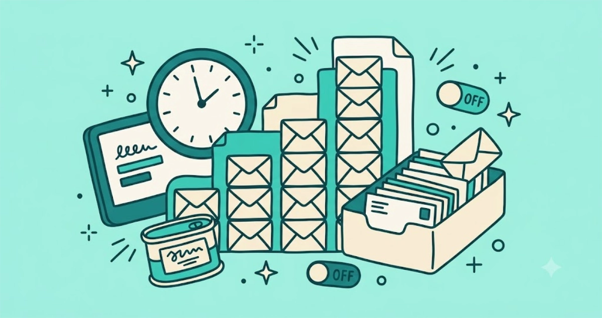Flat vector illustration of a bar chart built from stacked envelopes, an overflowing inbox tray, a clock, a spam can, and a single unsubscribe toggle, scattered with small dots and outline stars.