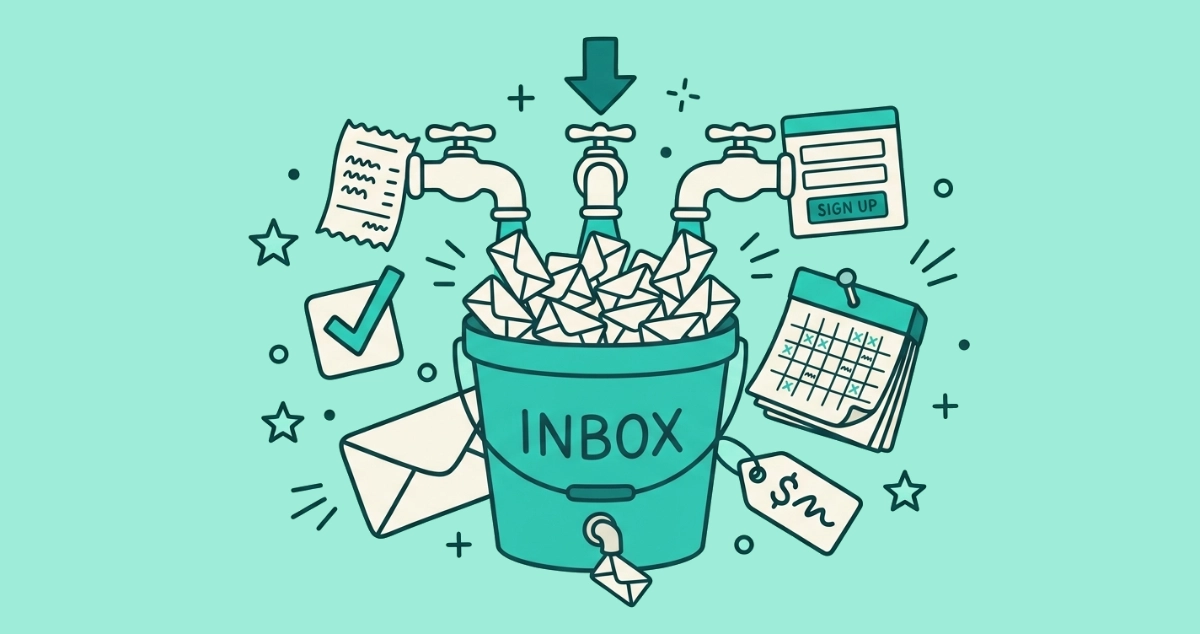 Flat vector illustration of a bucket marked inbox overflowing with envelopes poured from three faucets, a small drain leaking one envelope out, beside a pre-ticked checkbox, a calendar at day 90, and a shopping tag.