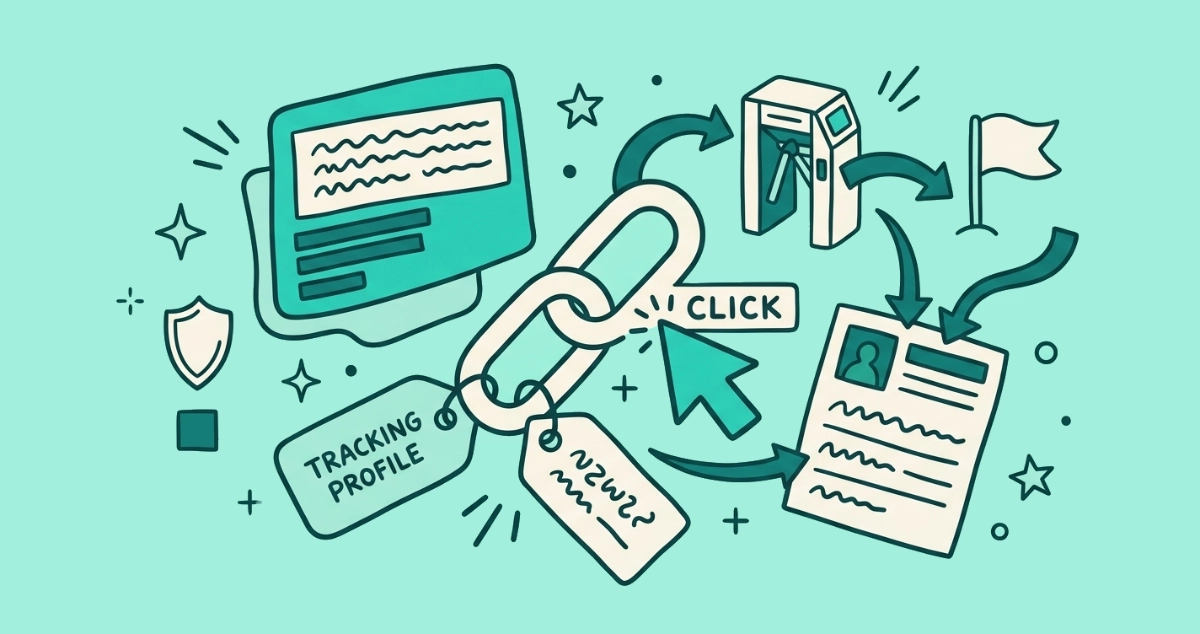 Flat vector illustration of a cursor clicking a chain-link that routes through a redirect booth toward a profile card, with a coded ticket tag, a luggage tag, a set-aside pixel square, and a shield.