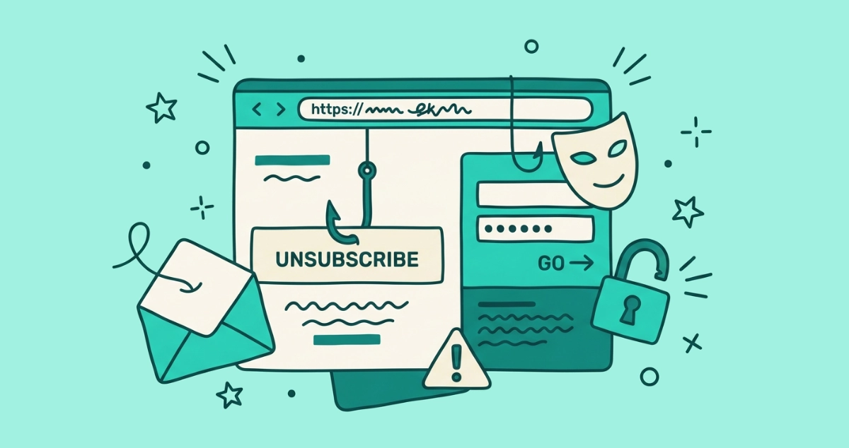 Flat vector illustration of a browser window with a fishhook piercing its unsubscribe button, beside a fake login form, a mismatched address bar, an imposter mask, and a split padlock.