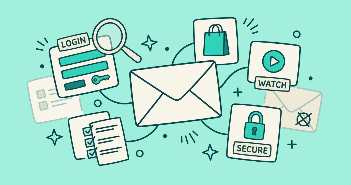 Flat vector illustration of a cream envelope with teal threads fanning out to small account cards, a magnifying glass, a ticked checklist, and one crossed-out dead account.