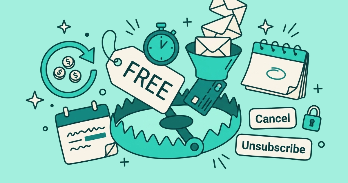 Flat vector illustration of a cream FREE price tag on the open jaws of a rounded trap, fed by a funnel of envelopes and a credit card, with separate Cancel and Unsubscribe exit buttons nearby.