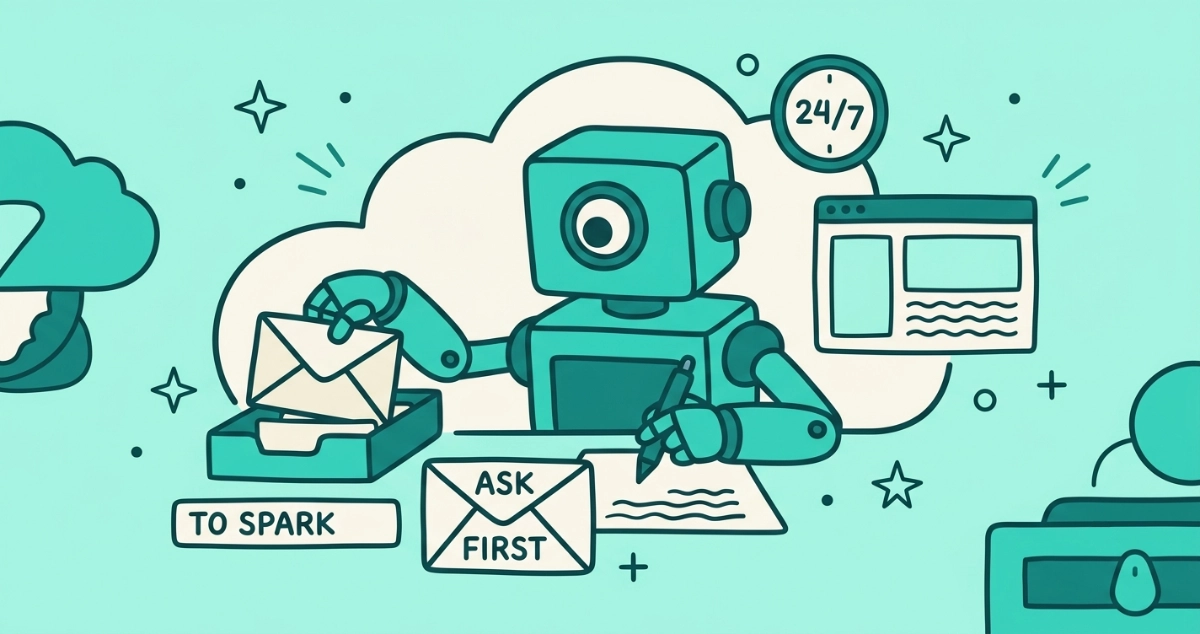 Flat vector illustration of a boxy AI agent with one lens eye inside a cloud server, lifting a letter from its own labeled inbox and drafting a reply, beside an ASK-FIRST gate, a browser window, and a 24/7 clock.