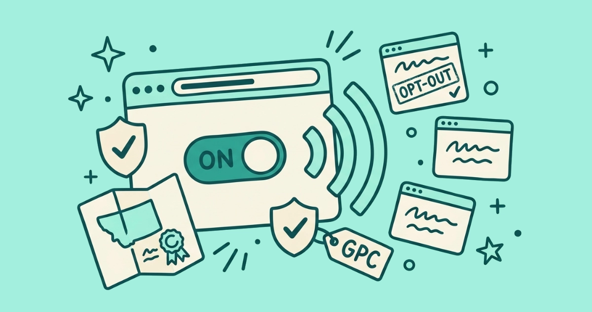 Flat vector illustration of a browser window with a flipped toggle broadcasting an opt-out signal to several website cards, beside a check shield, a folded state map, and a GPC tag.