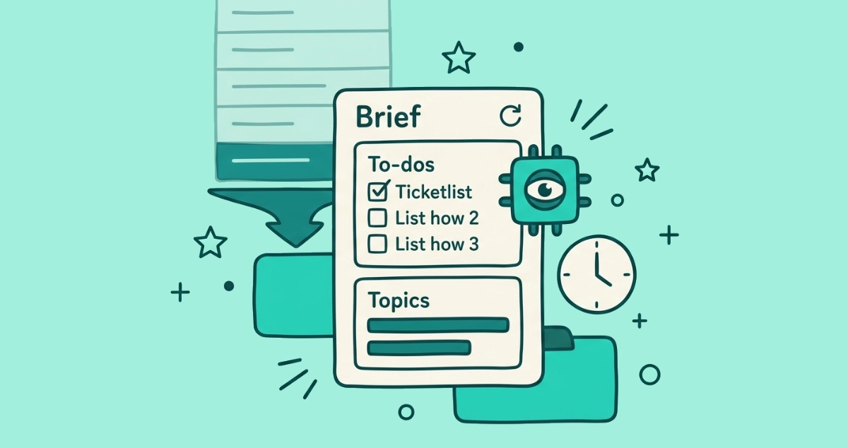 Flat vector illustration of a cream briefing panel with a ticked to-do checklist and a topics card of summary bars, beside a faded stack of chronological message rows funneling into it and a small AI chip.