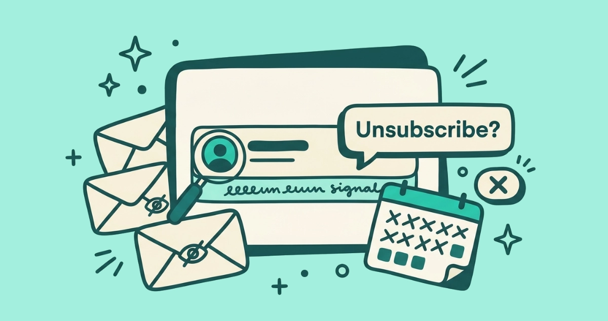 Flat vector illustration of a cream email card with an 'Unsubscribe?' tag beside one sender row, a stack of sealed unread envelopes, a month-marked calendar, a reading lens, and a dismiss chip.