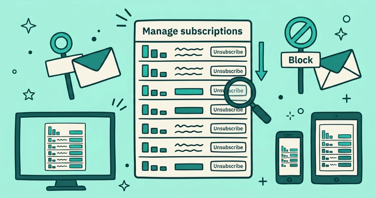 Flat vector illustration of a Manage subscriptions panel with frequency-sorted sender rows and unsubscribe buttons, a sorting arrow, a magnifying glass, a Block sign, and desktop, phone, and tablet frames.