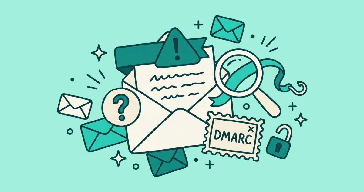 Flat vector illustration of a cream email with a red-outlined warning triangle banner across its top, a caution question-mark badge where the sender avatar sits, a magnifier over a suspicious link, and a padlock nearby.