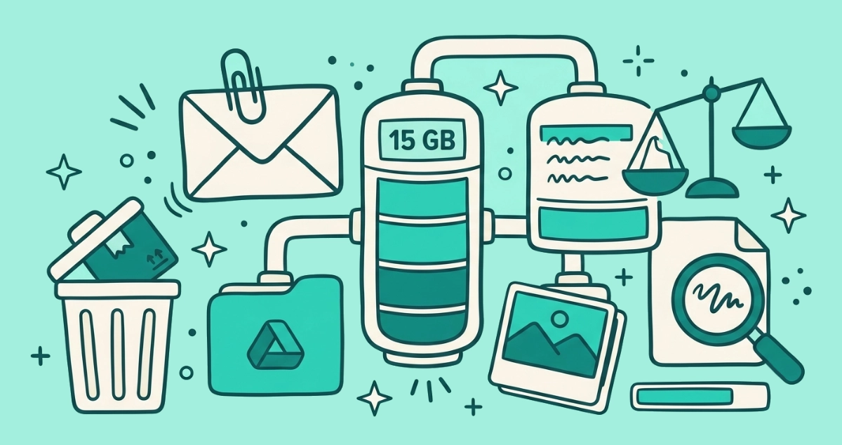 Flat vector illustration of a storage gauge labeled 15 GB fed by three pipes from an envelope, a folder, and a photo stack, beside a heavy paperclipped envelope, a trash bin, and a magnifying glass.