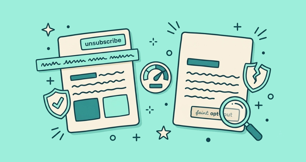 Flat vector illustration of two cream email cards side by side, one with an Unsubscribe button at its top edge and one with a blank top edge, a hidden header strip, a reputation gauge, a checkmark shield, a cracked shield, and a magnifying glass hunting a small footer link.
