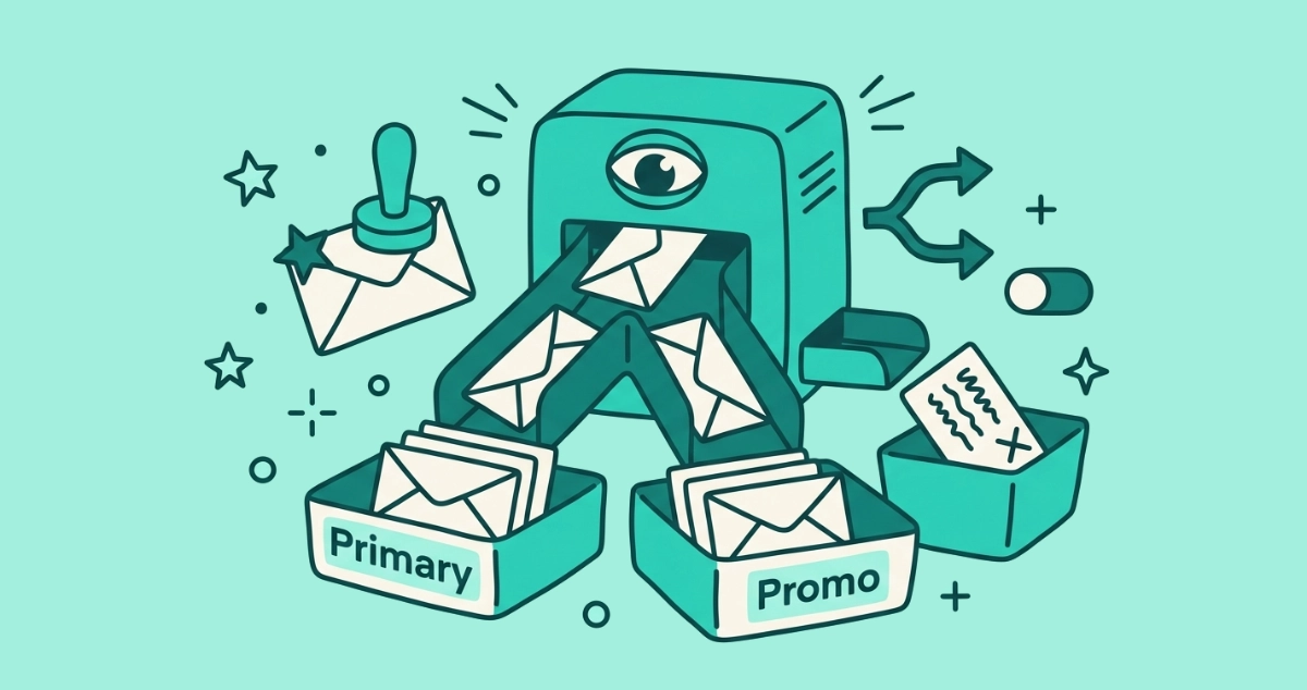 Flat vector illustration of a cream inbox-sorting machine routing envelopes into Primary and Promo trays, a spam bin, and one letter stamped with a star marker.