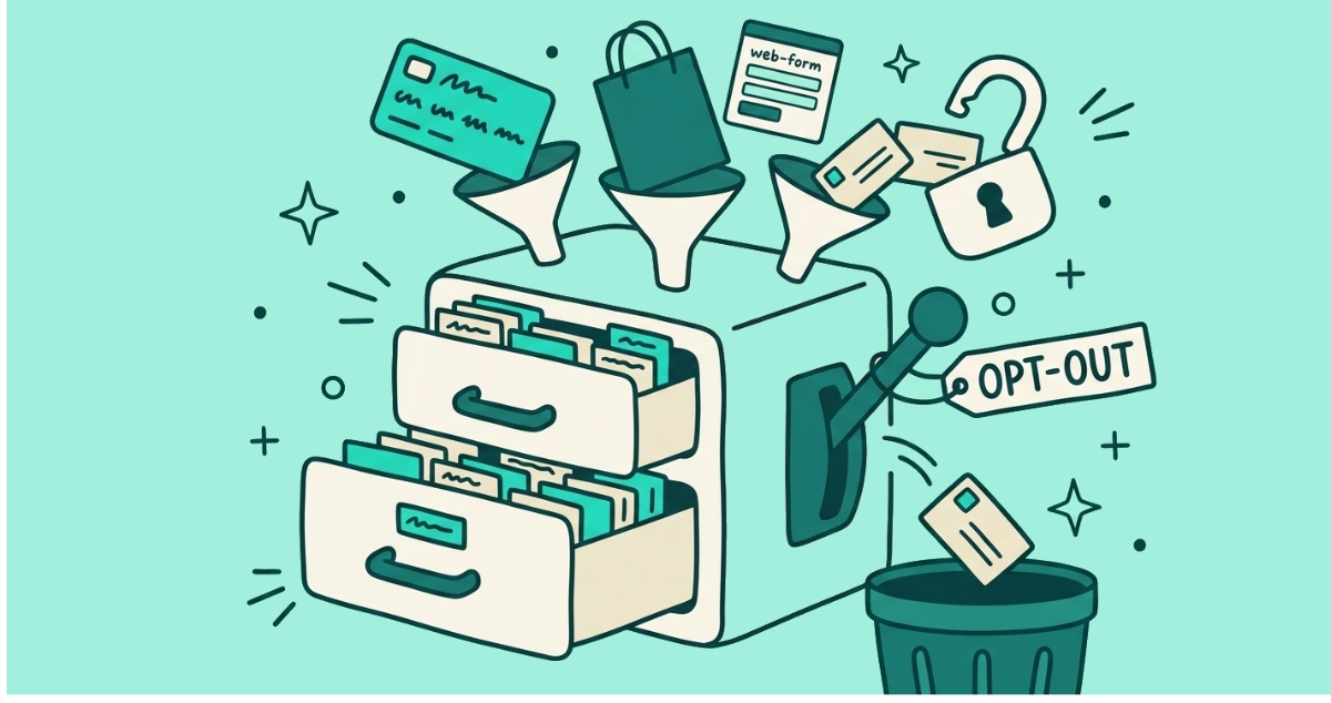 Flat vector illustration of a filing cabinet stuffed with address cards, fed by funnels from a loyalty card, a shopping bag, and a web form, beside a pulled OPT OUT lever ejecting one card toward a bin.
