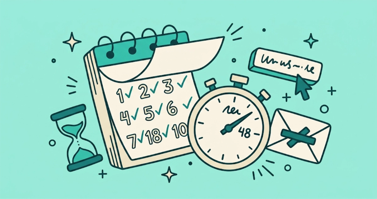 Flat vector illustration of a tear-off calendar counting down ten days, a stopwatch set to 48, an hourglass, a pressed unsubscribe button, and a crossed-out envelope.