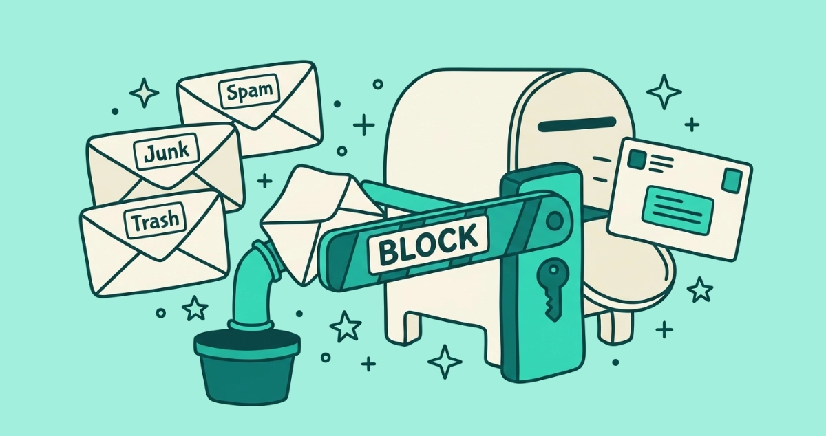 Flat vector illustration of a cream mailbox behind a lowered Block barrier arm that reroutes envelopes into Spam, Junk, and Trash bins while one slips past through a gap.