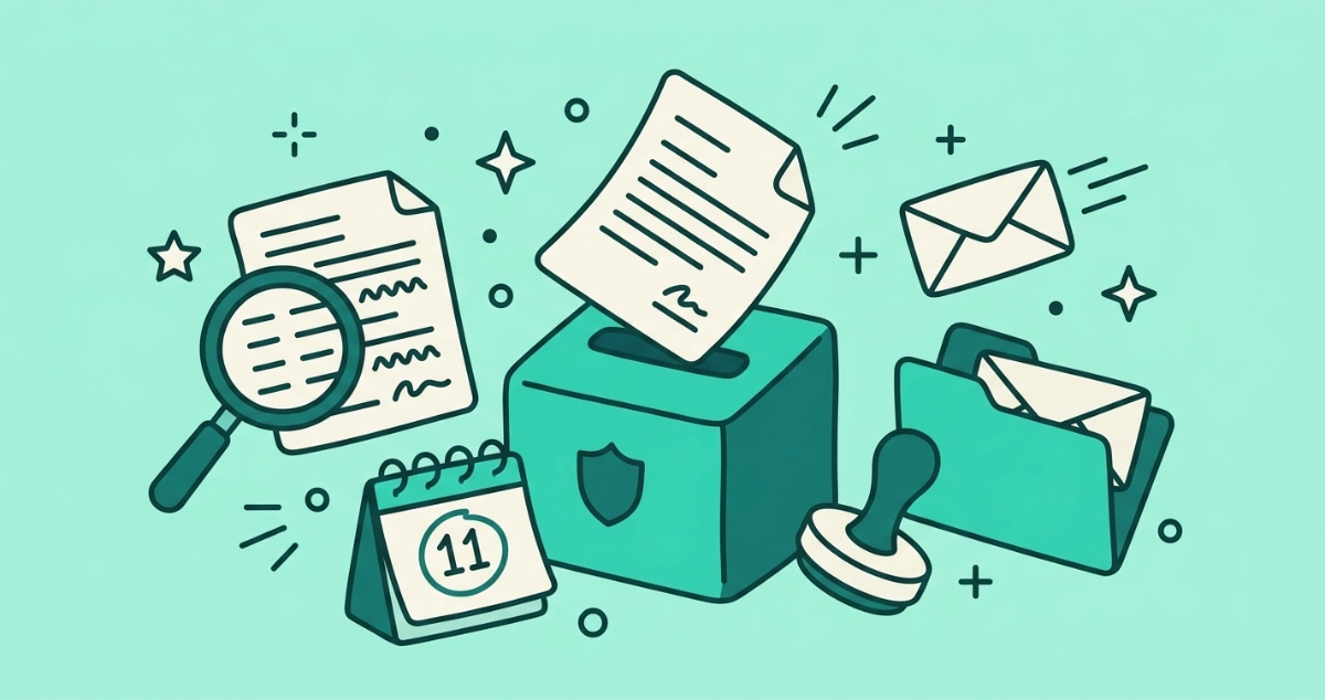 Flat vector illustration of a cream complaint form dropping into an official filing slot, beside a document of email headers, a magnifying glass, a calendar marked at day 11, and a shield.