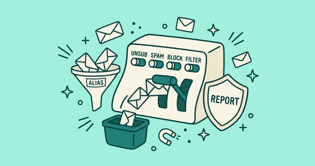 Flat vector illustration of a cream control panel with labeled switches reading UNSUB, SPAM, BLOCK and FILTER, a lever diverting a stream of envelopes into a bin, an ALIAS funnel, and a REPORT shield.