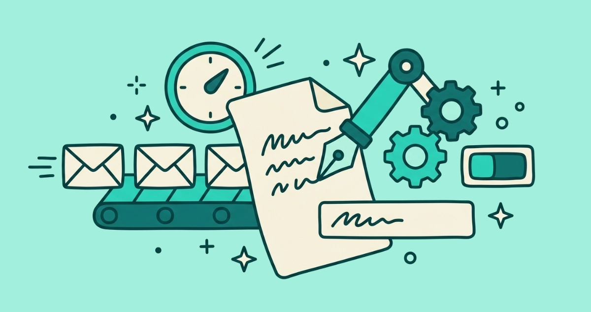 Flat vector illustration of a cream letter being written by a mechanical pen arm, beside a subject-line label, a conveyor pushing out near-identical envelopes, a send-time dial, gears, and one unsubscribe toggle flipped off.