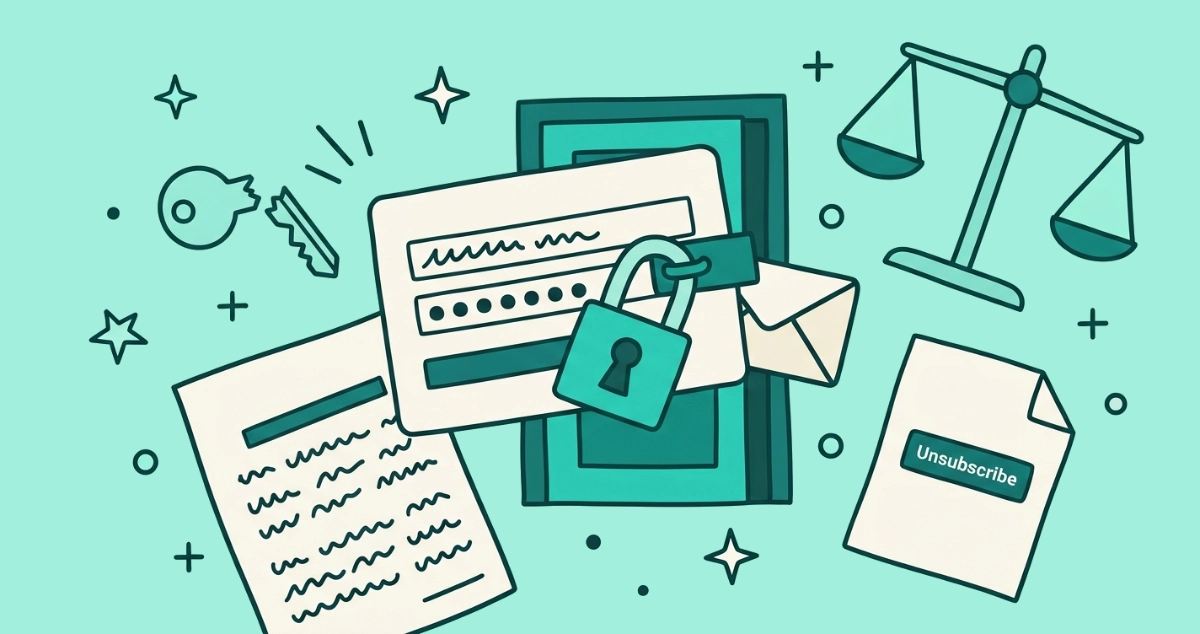 Flat vector illustration of a cream login card with a padlock and a password-dot row bolted across a small unsubscribe door, beside a snapped key, a tipping scale of justice, and an X-stamped form.
