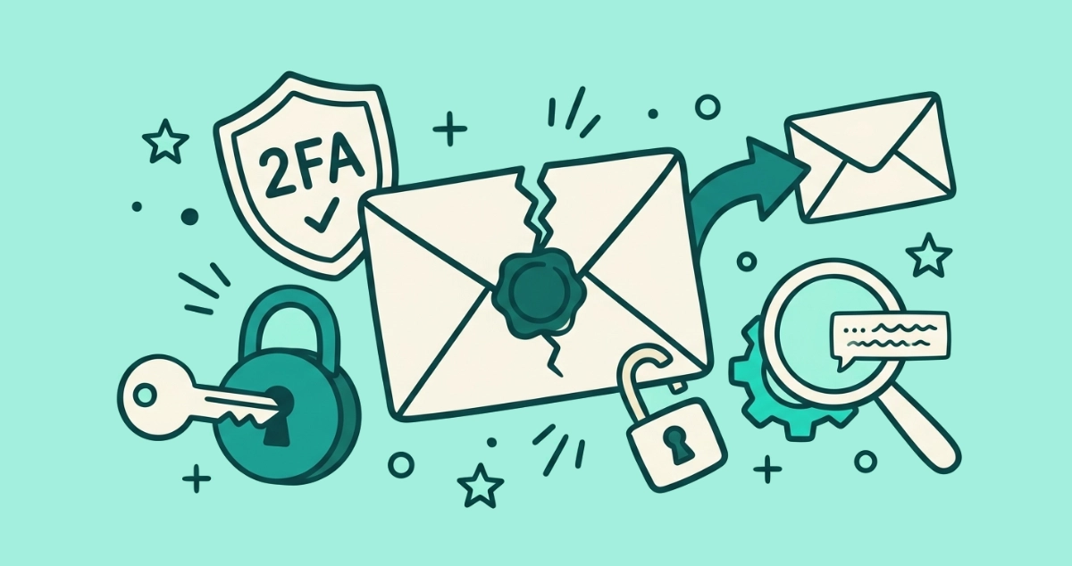 Flat vector illustration of a cracked-seal cream envelope with a pried-open padlock, a bent arrow copying it off-frame, and a key turning in a fresh lock.
