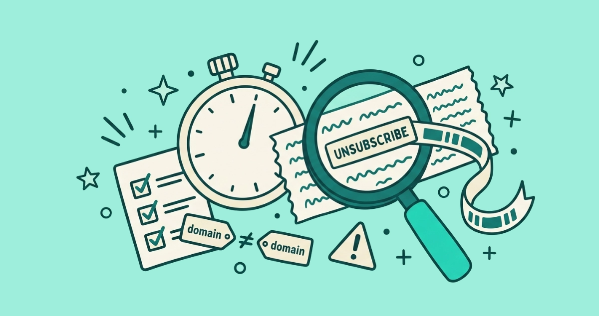 Flat vector illustration of a cream stopwatch beside a magnifying glass reading a link on an email strip, with a three-item checklist card, a domain-comparison tag, and a small caution triangle.