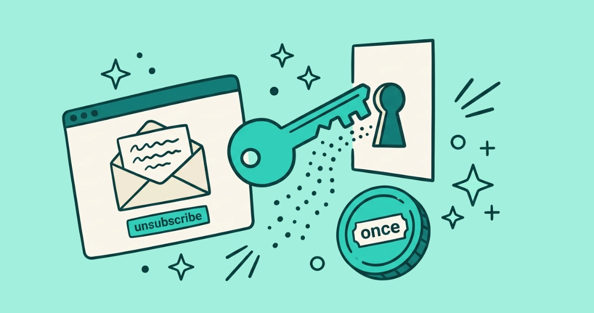 Flat teal vector illustration of a cream door hanger reading QUIET on a chunky snapped key, beside an hourglass, a browser window, a padlock, a small pass ticket, and a single coin.
